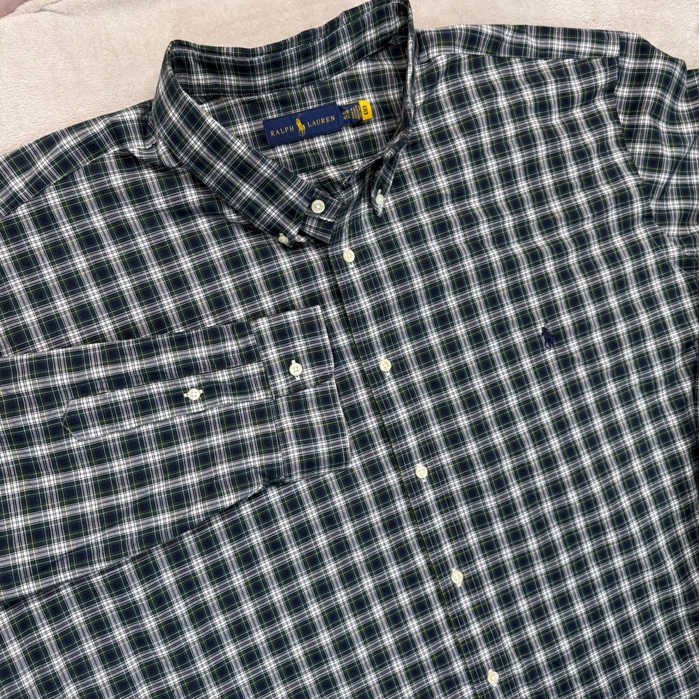 Ralph Lauren Shirt Men's 4XB Green White Gingham Plaid Button Down Long‎ Sleeve